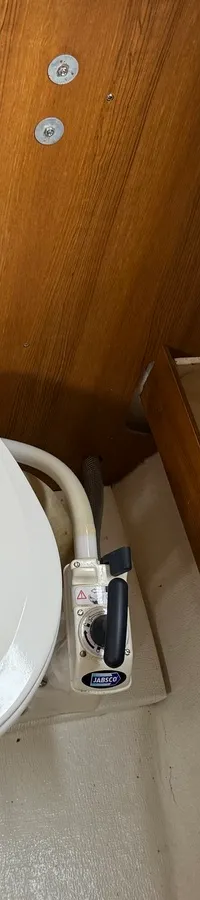 Een witte scheepstoilet met een Jabsco pomp, een toiletborstel, een wasbak en een rol toiletpapier in een houten interieur.