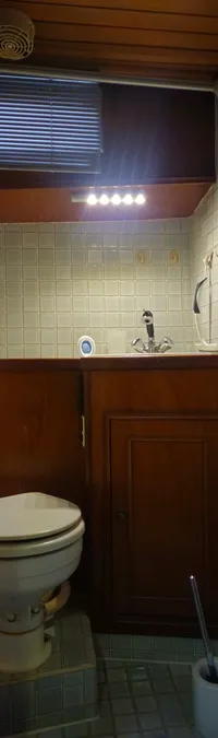 De foto toont een badkamer met een toilet, een wastafel met kraan, een spiegel en een douchekop.