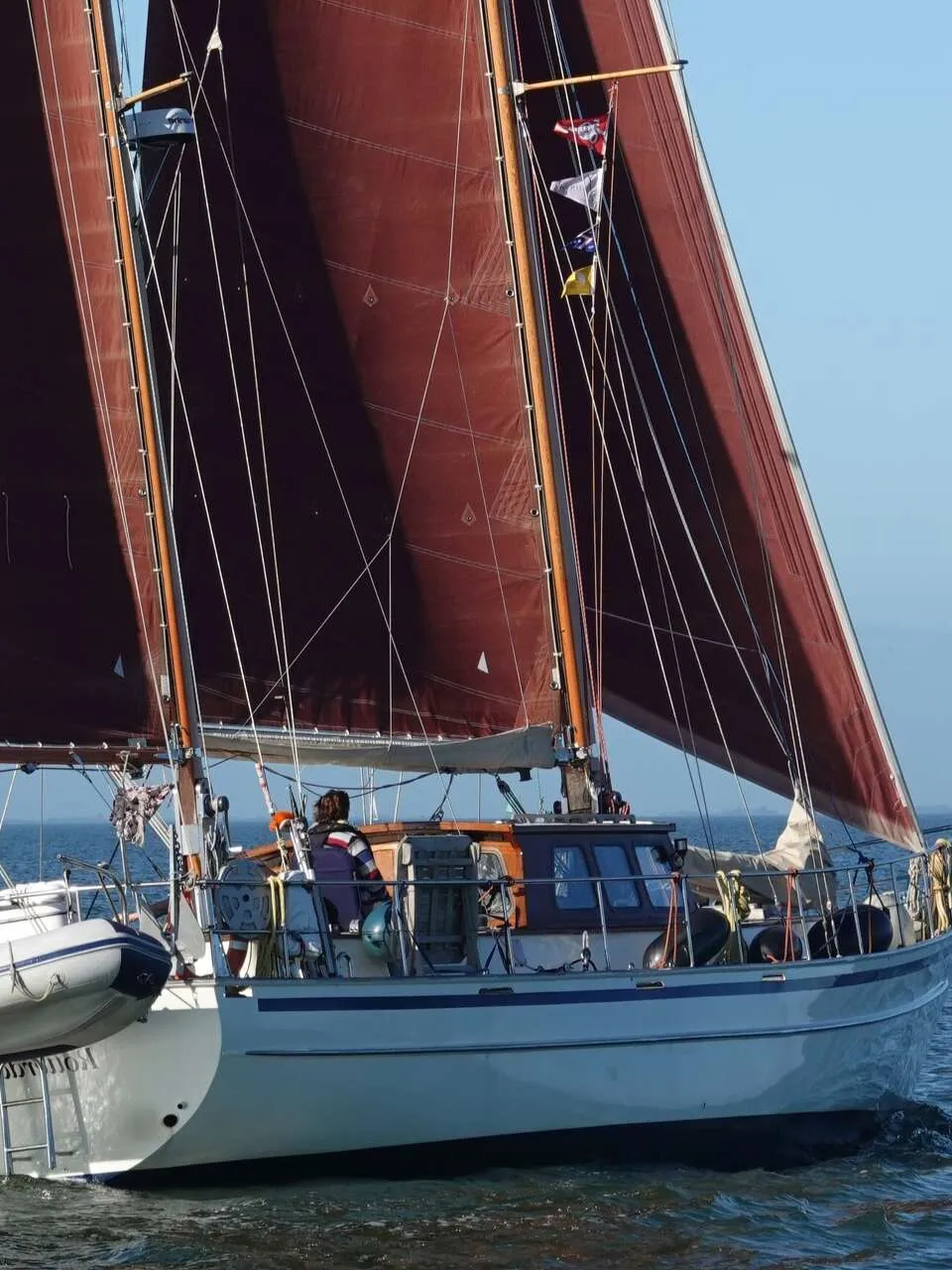 Een witte zeilboot met bruine zeilen vaart op open water onder een heldere blauwe lucht. — Volkerak 46