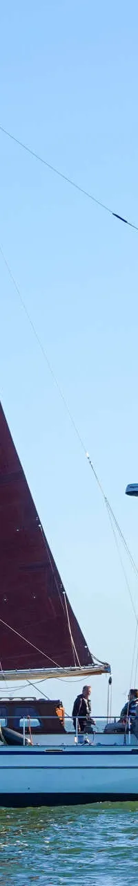 Een witte zeilboot met twee masten en rode zeilen vaart op open water onder een helderblauwe lucht. — Volkerak 46