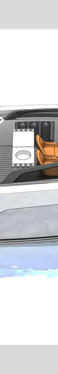 Een illustratie van een motorboot met twee buitenboordmotoren, oranje zitkussens en een stuurstand. — Salut 38