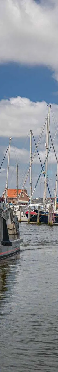 Een donkergrijze motorboot met een rode streep vaart in een haven met andere boten. — Salut 38
