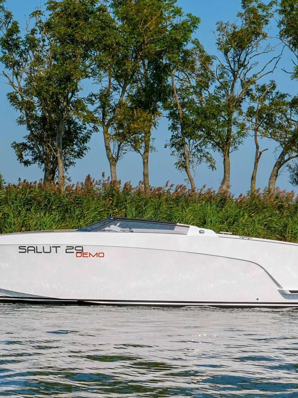 Een witte boot met de tekst 'SALUT 29 DEMO' en '3-YD-165' vaart op water met riet en bomen op de achtergrond. — Salut 29