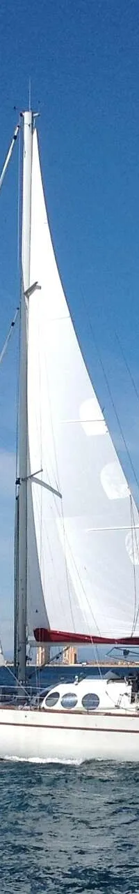 Een witte zeilboot met twee witte zeilen vaart op een blauwe zee onder een helderblauwe lucht, met een stad aan de horizon.