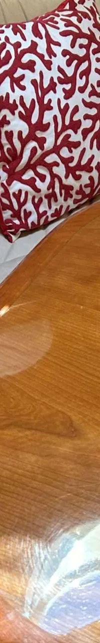 Een interieur van een boot met een crèmekleurige bank, rode kussens met koraalmotief en een glanzende houten tafel.