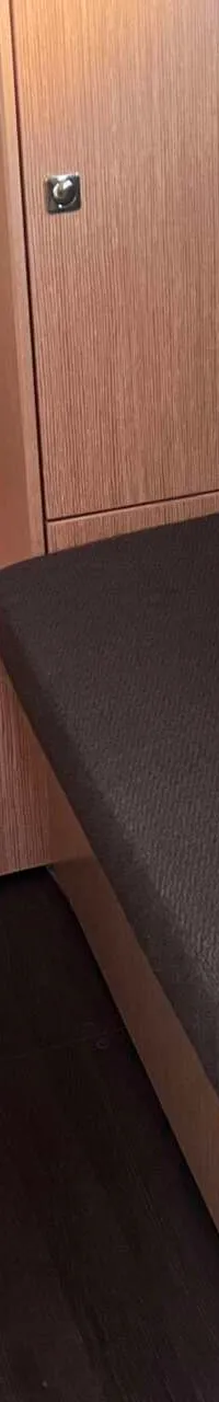 De foto toont een interieur met twee grijze banken, een houten wandkastje en een leeslampje.