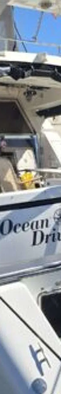 Een witte motorboot met de naam "Ocean Drive" op de spiegel, ligt afgemeerd in een haven. — Johnson 56