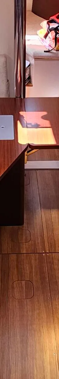 Een interieur van een boot met een houten vloer, een tafel, zitbanken en een keukenblok met gootsteen en kookplaat.
