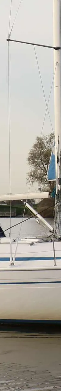 Een witte zeilboot met blauwe strepen en een blauwe buiskap vaart op rustig water, met een persoon aan boord. — Bavaria 31