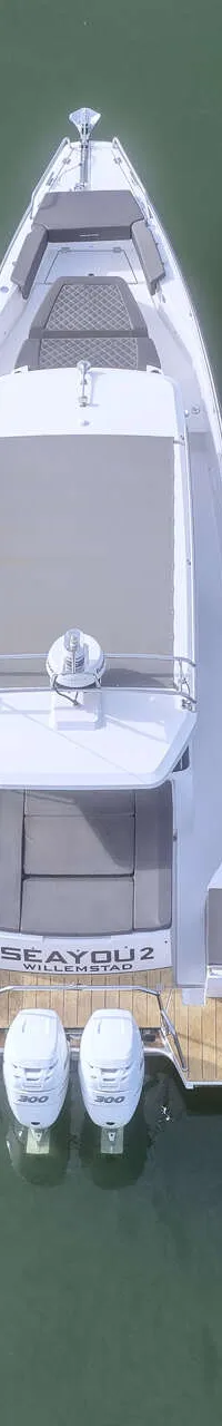 Een witte motorboot met twee buitenboordmotoren en de naam "SEAYOU2 WILLEMSTAD" op de spiegel, drijvend op groen water.