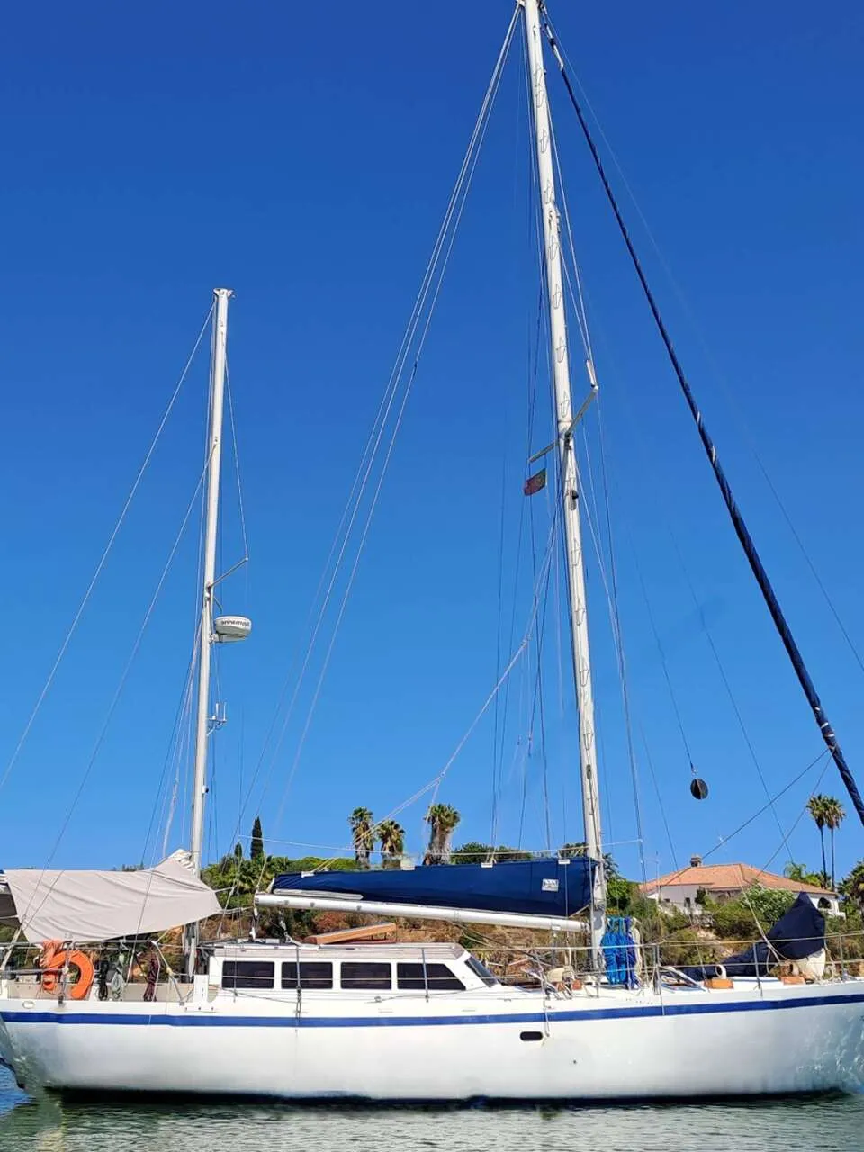 Een witte zeilboot met blauwe strepen ligt in het water, met een groene kustlijn en gebouwen op de achtergrond.