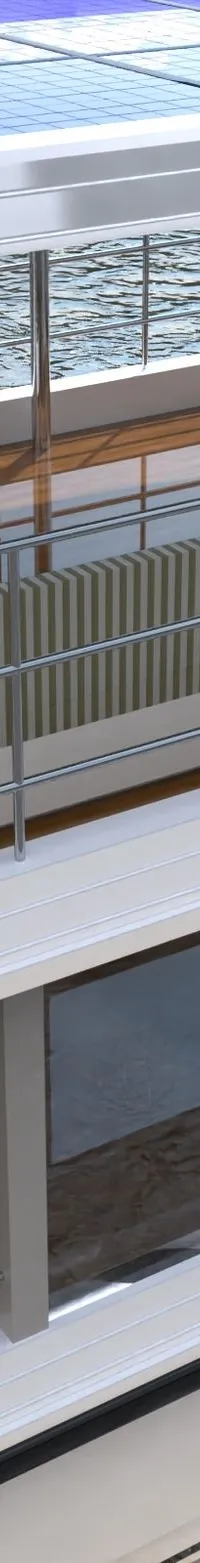 Een bovenaanzicht van een boot met een houten dek, gestreepte banken, een bar en zonnepanelen op het dak.