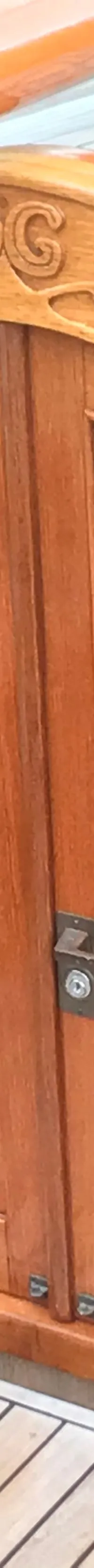 Een houten kajuitingang met twee deuren en twee zijramen, versierd met houtsnijwerk van bladeren en de initialen "JG".