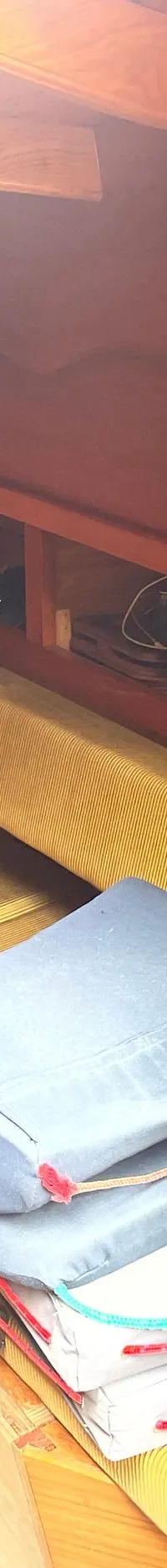De foto toont het interieur van een kajuit met houten wanden, een tafel, kussens, een fornuis en een waterkoker.