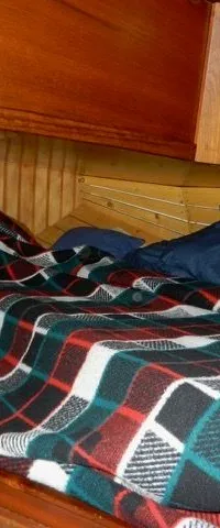 Een bed met een geruite deken en een blauw dekbed in een houten kajuit. — Gipon Grundel 800