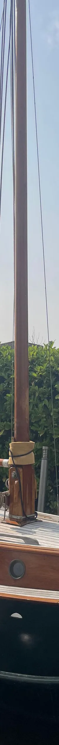Een donkergroene zeilboot met houten dek en opbouw ligt in het water, met een hek en struiken op de achtergrond.