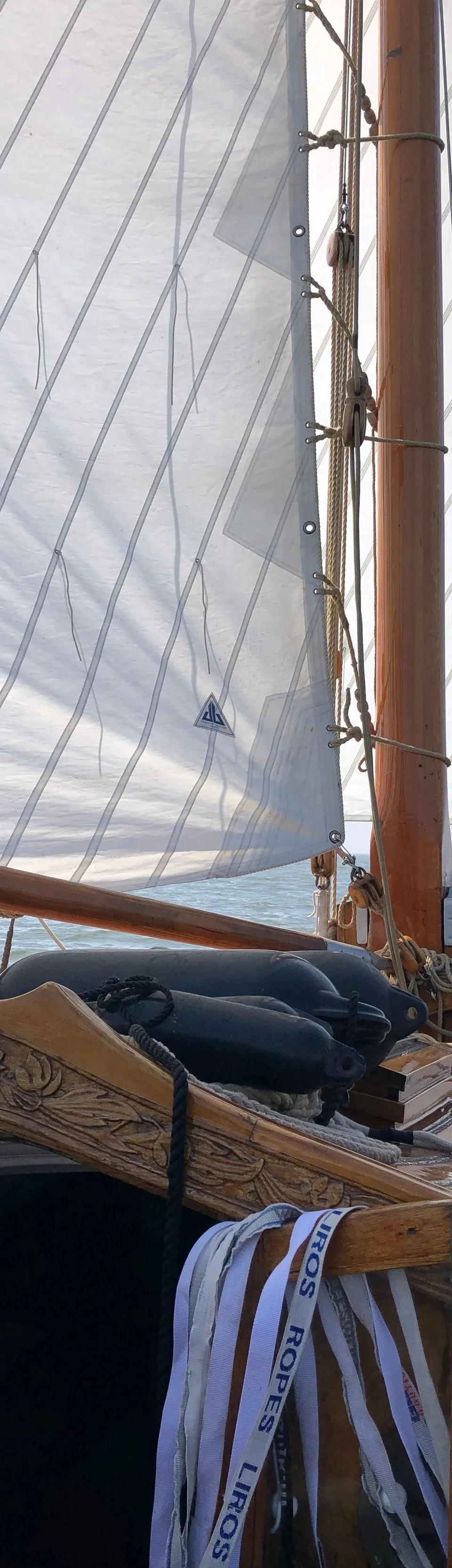 Een zeilboot met een houten mast en een wit zeil vaart op open water, met een persoon in de kajuitopening.