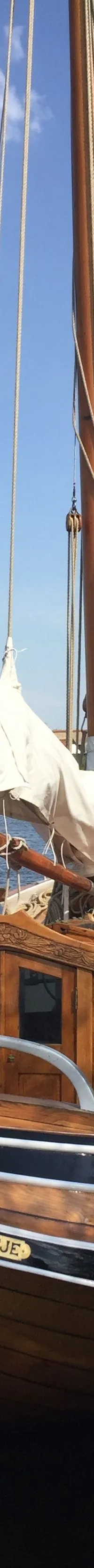 Een houten zeilboot genaamd "PLEUNTJE" ligt afgemeerd aan een houten steiger, met een molen op de achtergrond.