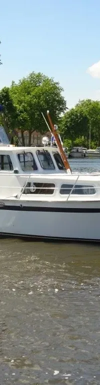 Een witte motorboot met de naam "Brandaris" vaart op een waterweg met bomen en huizen op de achtergrond.