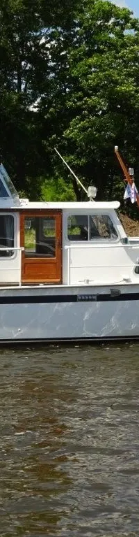 Een witte motorboot met blauwe bimini en de naam "Brandaris" vaart op een waterweg met groene oevers. — Pedro Kruiser 1000 AK
