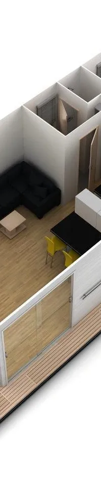 Een bovenaanzicht van een 3D-model van een rechthoekige woonboot met een open plattegrond en een terras.
