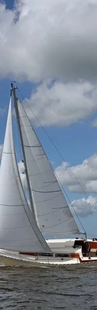 Een witte zeilboot met twee personen aan boord vaart op het water onder een bewolkte blauwe lucht. — Vitessa 860 Motorzeiler