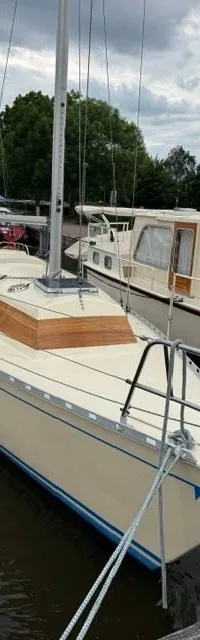Een beige zeilboot met een blauwe streep op de romp ligt aangemeerd, met een houten kajuitopbouw en een mast.