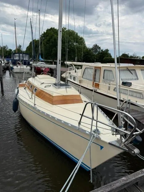Een beige zeilboot met een blauwe streep op de romp ligt aangemeerd, met een houten kajuitopbouw en een mast.