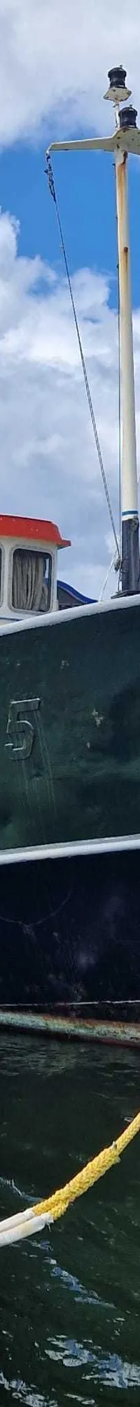 Een donkergroene boot met rode opbouw en de letters "DL5" op de zijkant ligt aangemeerd aan een houten steiger.