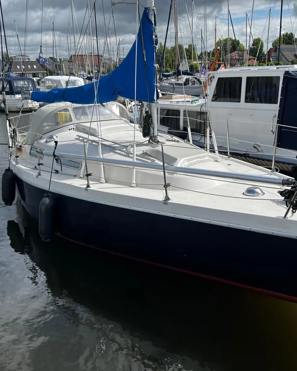Een zeilboot met een donkerblauwe romp, wit dek, grijze buiskap en een opgerold blauw zeil ligt afgemeerd in een haven.
