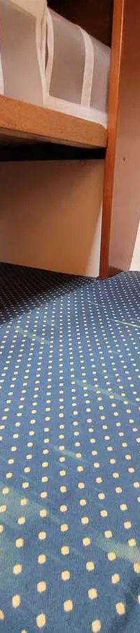 Een kajuit met een bed met een blauw matras met gele stippen, houten panelen en een witte wand. — Agder 840 OK