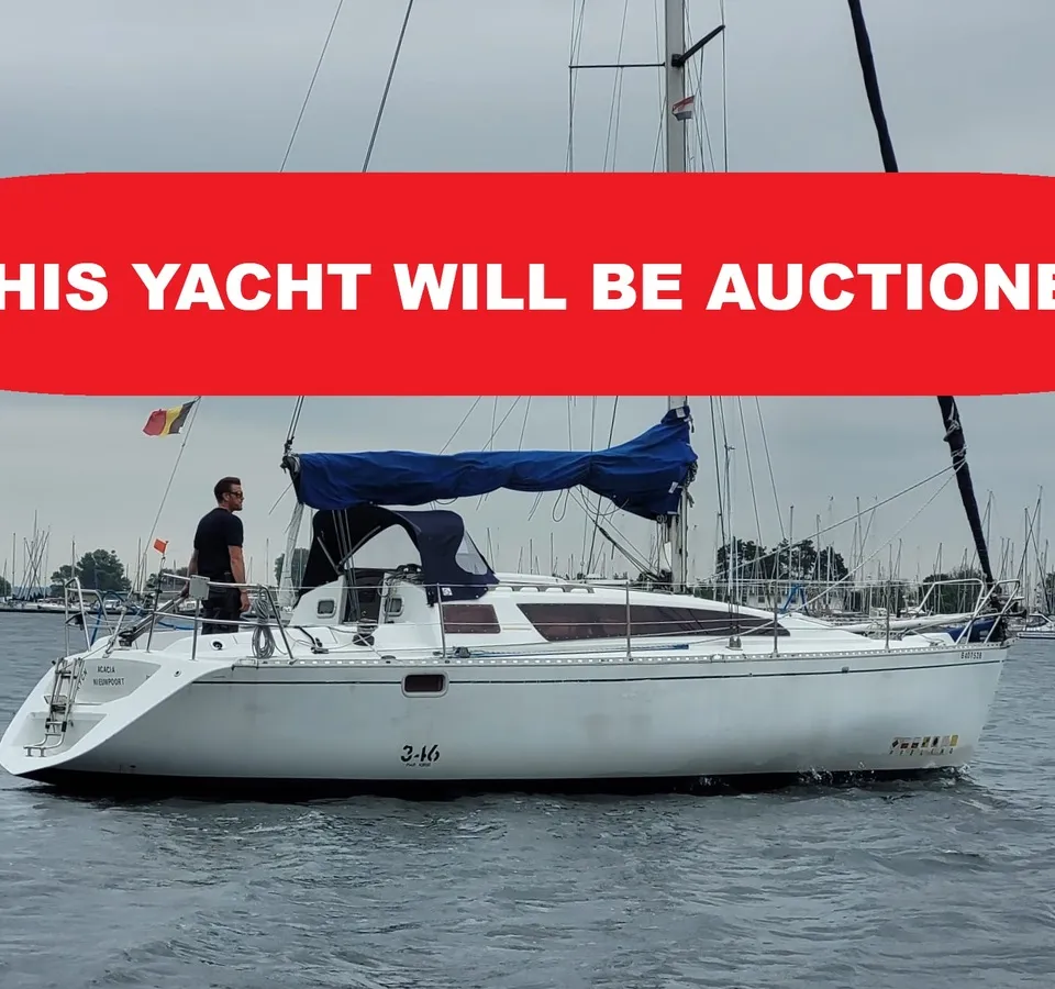 Een witte zeilboot met een blauw zeil en een man aan boord, met op de achtergrond een jachthaven. — Feeling 346