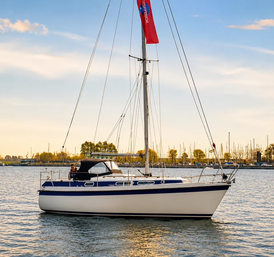 Een witte zeilboot met een blauwe streep op de romp ligt op het water, met een rode vlag in de mast en een haven op de…