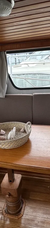 Een interieur van een boot met een houten tafel, banken met grijze hoezen, ramen met gordijnen en een houten plafond.