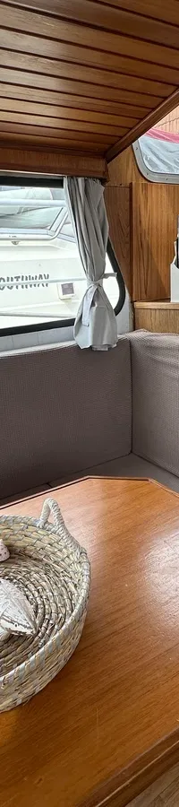 De foto toont het interieur van een boot met houten wanden en plafond, een tafel met een mandje en zitbanken. — Cascaruda 920