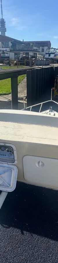 De foto toont de achtersteven van een boot met een donkere vloerbedekking, twee open luiken en een bedieningspaneel.
