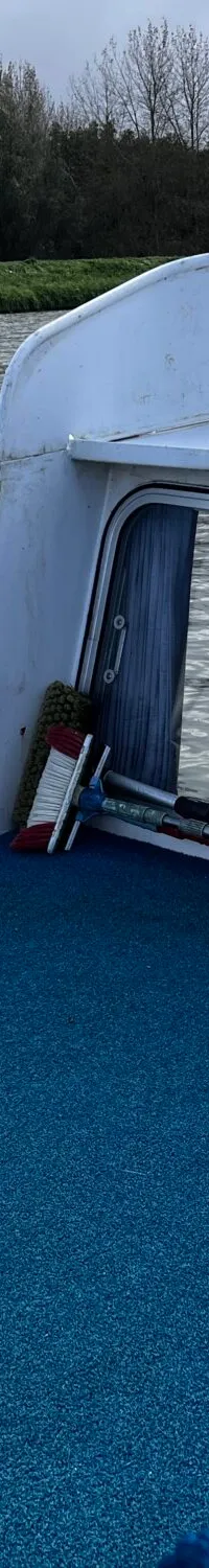 Een blauw tapijt bedekt de vloer van een boot met een stuurwiel en een aluminium kist, varend op een rivier.