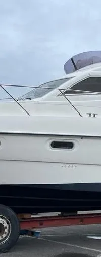 Een witte motorboot met een donkerblauwe romp staat op een rode trailer, met een witte auto ernaast.
