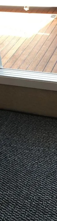 Een rode brandblusser staat op een houten vloer naast een grijs-zwart vloerkleed en een glazen schuifdeur.