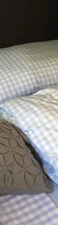 Een bed met twee kussens en twee dekbedden met blauw-wit geruite hoezen, en twee grijze sierkussens.