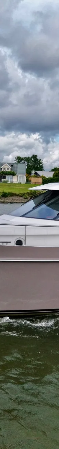 Een beige met witte motorboot genaamd 'SRIJN VERIUS' vaart op water langs een oever met huizen en bomen onder een bewolkte…