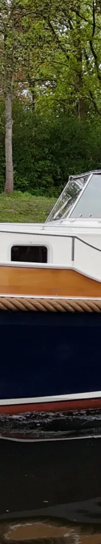 Een blauw-witte motorboot met een bruine stootrand en een blauwe kap vaart op een waterweg langs een groene oever.