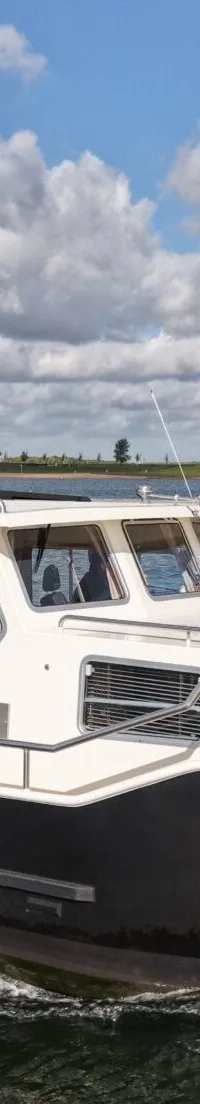 Een witte en zwarte motorboot vaart op het water onder een bewolkte hemel, met land en bomen op de achtergrond.