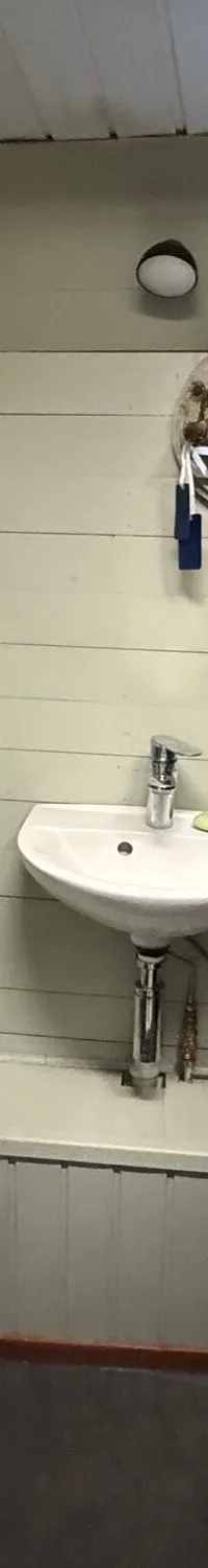 Een badkamer met een toilet, wastafel, spiegelkast en een patrijspoort.