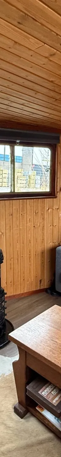 Een interieur met houten wanden en plafond, een bank, een kachel, een radiator en twee ramen.