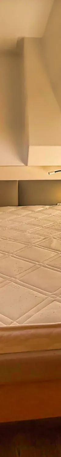 Een kajuit met een tweepersoonsbed, houten panelen, een raam met uitzicht naar buiten en een donker gordijn.