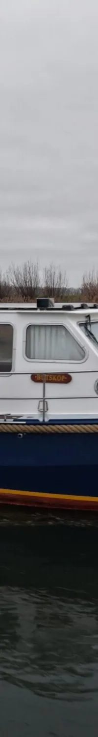 Een blauw-witte motorboot met een donkerblauwe kap vaart op een grijze dag over het water.