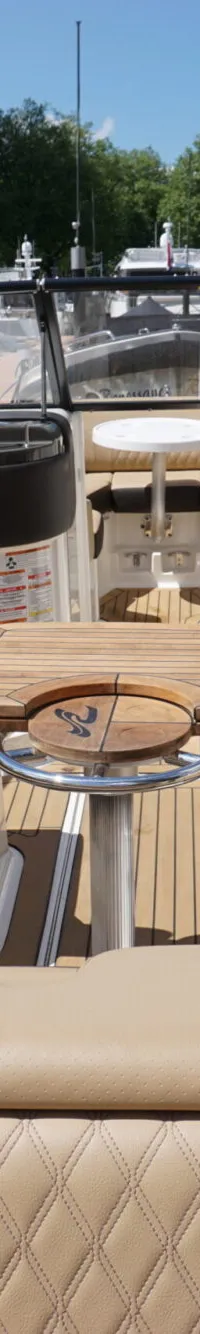 De boot heeft een interieur met beige gestoffeerde zitplaatsen, een houten tafel en een stuurconsole. — Sea Ray 250 SLX