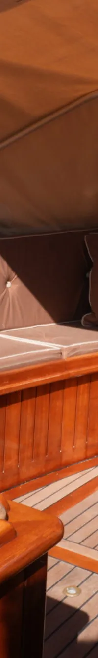 De foto toont de kuip van een boot met houten afwerking, bruine kussens en een beige kap. — Wester Engh Wester Engh 7.80 Open