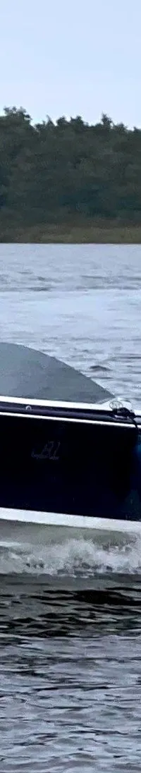 Een donkerblauwe speedboot met witte onderkant vaart over water, met een bosrijke oever op de achtergrond.